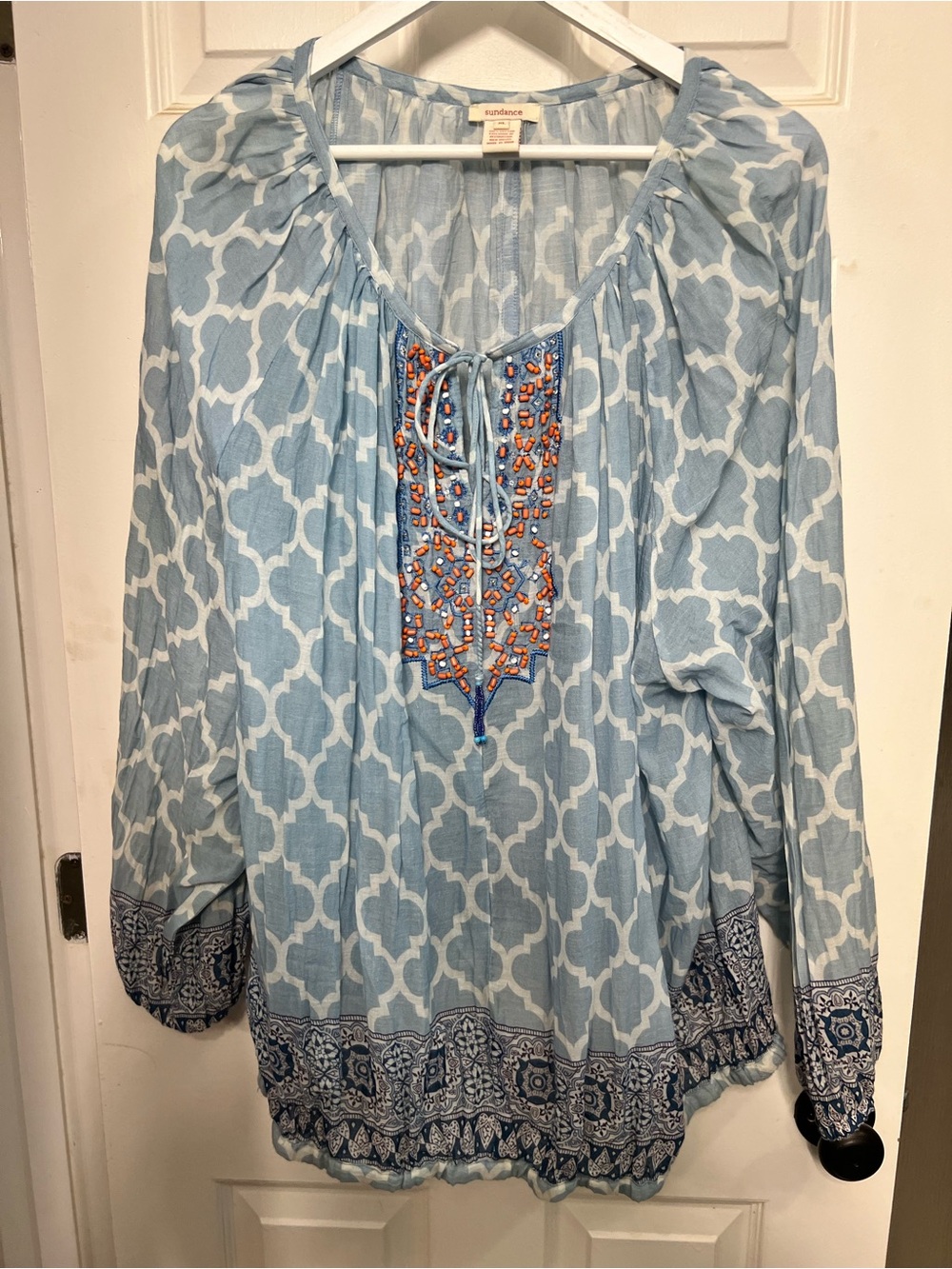 Sundance Light Blue Printed Tunic with Beaded Front